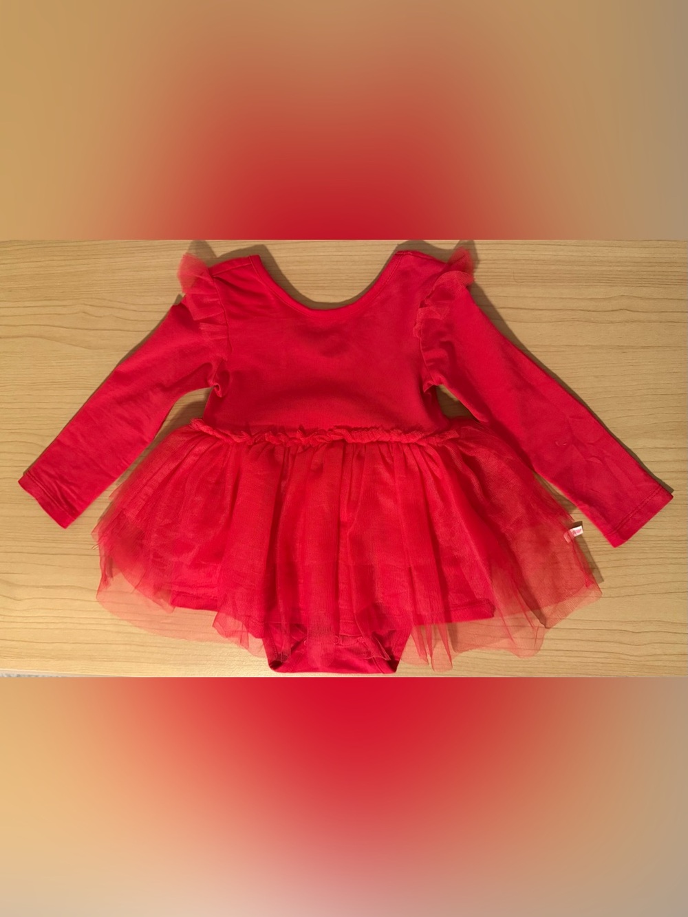 Red Long-Sleeve Tulle Tutu One-Piece Bodysuit